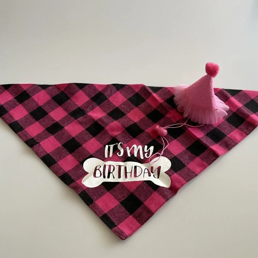 HAPPY BIRTHDAY DOG BANDANA HAT BANNER PARTY SET, PINK
